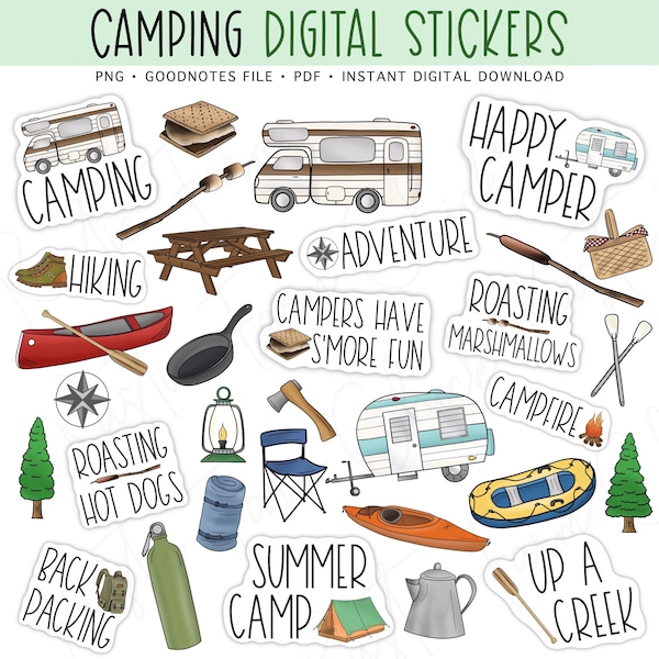 CAMPING Stickers numériques pour GoodNotes, Stickers d'agenda numériques pré-recadrés pour l'extérieur, Stickers bonus