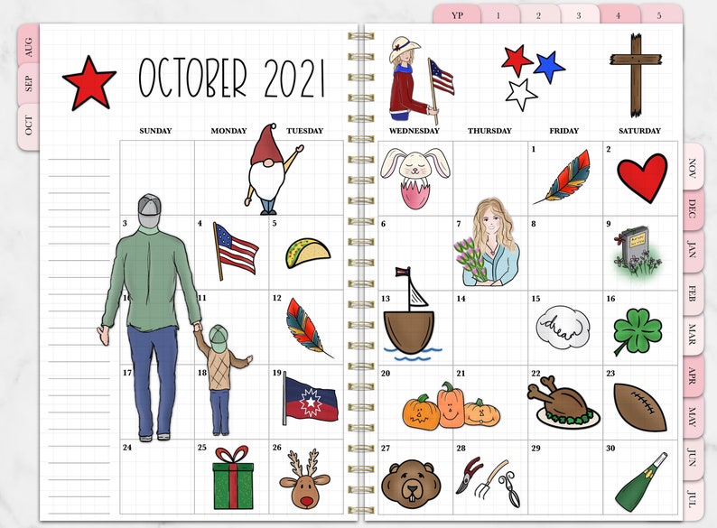 May include: A spiral-bound planner page for October 2021, featuring hand-drawn illustrations for each day. Includes a red star, a gnome, an American flag, a taco, a sailboat, pumpkins, a turkey, and a football.