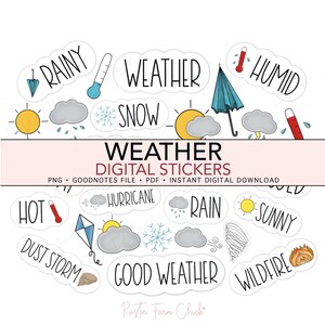 May include: A collection of digital weather stickers with illustrations of sun, clouds, rain, snow, and other weather conditions. The stickers include the text "Weather" and "Digital Stickers".