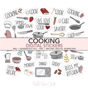 Op de afbeelding: Een verzameling digitale stickers met een kookthema. De stickers bevatten illustraties van keukengerei, voedsel en tekst zoals "Cook", "Chef" en "Family Recipe". De stickers zijn in verschillende vormen en maten.