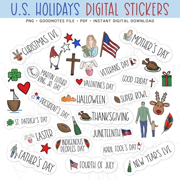 NATIONAL U.S. HOLIDAYS Digital Stickers, GoodNotes Stickers, Federal Holidays Pre-cropped Digital Planner Stickers, Bonus Stickers