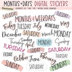 MONTHS & WEEKDAYS Digital Stickers, Basic Calendar Pre-cropped Digital Planner Words Stickers, GoodNotes Stickers, Bonus Stickers