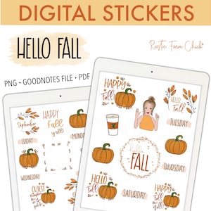 HELLO FALL Digital Stickers for GoodNotes, Autumn Pre-cropped Digital Planner Stickers, GoodNotes Stickers, Bonus Stickers