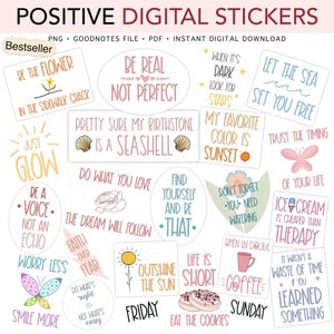 Op de afbeelding: Een verzameling digitale stickers met positieve affirmaties in verschillende vormen. De stickers bevatten zinnen als 'Wees echt, niet perfect', 'Gewoon gloeien' en 'Overstraal de zon'. Het kleurenpalet bevat pasteltinten van roze, geel en blauw.