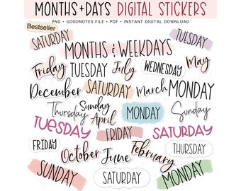 MONTHS & WEEKDAYS Digital Stickers, Basic Calendar Pre-cropped Digital Planner Stickers, GoodNotes Stickers, Bonus Stickers