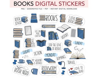 BOOKS, Reading, Bookish, Pre-cropped Digital Planner Stickers, GoodNotes Stickers, Bonus Stickers