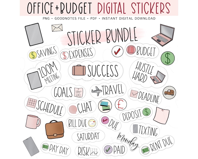 OFFICE & BUDGET Bundle Digital Sticker Set, GoodNotes Stickers, Finance Pre-cropped Digital Planner Stickers, Bonus Stickers image 1
