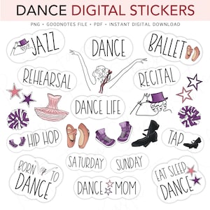 May include: Digital stickers featuring dance-related illustrations. The stickers include words such as "Jazz," "Ballet," and "Hip Hop," alongside images of ballet shoes, tap shoes, and stars. The text "Dance Digital Stickers" is at the top.