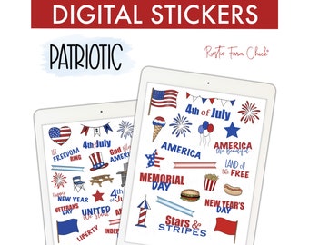 PATRIOTIC Digital Stickers, GoodNotes Stickers, 4th of July America Holidays, Pre-cropped Digital Planner Stickers, Bonus Stickers