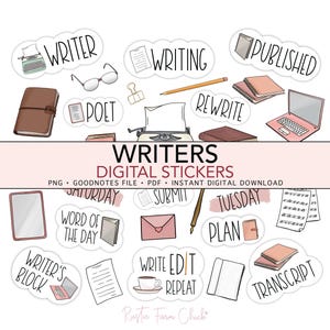 Peut inclure: Autocollants numériques pour écrivains, avec des illustrations d'une machine à écrire, d'un ordinateur portable, de livres et de mots liés à l'écriture tels que "Writer", "Writing" et "Published". Les autocollants sont dans une palette de couleurs douces.