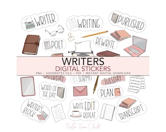 WRITERS Digital Stickers, Author Editor Pre-cropped Digital Planner Stickers, GoodNotes, Bonus Stickers