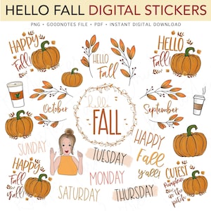 May include: A collection of digital stickers with a fall theme. The stickers include pumpkins, fall foliage, coffee cups, and the words "Hello Fall," "Happy Fall," and days of the week. The stickers are in shades of orange, brown, and green.