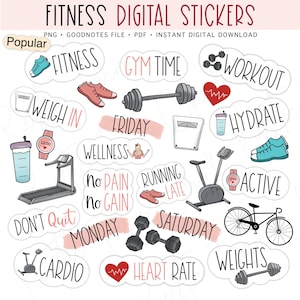 Fitness & Exercise Planner Stickers, GoodNotes Digital Stickers (PNG, PDF)
