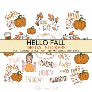 May include: A set of digital stickers with a seasonal autumn theme. The stickers feature pumpkins, leaves, coffee cups, and phrases such as "Hello Fall" and "Happy Fall y'all". Available in PNG, PDF, and GoodNotes file formats.