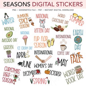 May include: Digital stickers featuring seasonal themes and holidays. Includes illustrations for winter, summer, fall, and spring, along with text for various events like Avocado Day, Coffee Day, and World Book Day.