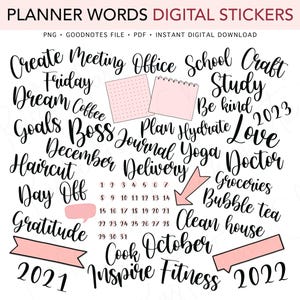 May include: Digital planner stickers with handwritten words like "Goals," "Coffee," and "October." The stickers include pink accents and are labeled "2021," "2022," and "2023." The text reads "Planner Words Digital Stickers."