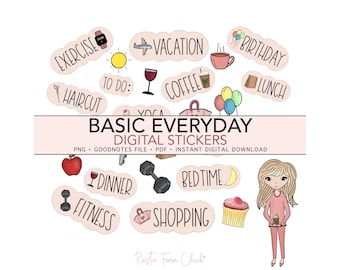 BASIC EVERYDAY Digitale Aufkleber, vorgeschnittene digitale Planer-Aufkleber, GoodNotes Aufkleber, Bonus Aufkleber