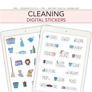 May include: Digital stickers for cleaning tasks, displayed on two tablets. The stickers include images of cleaning supplies, pets, and text labels such as "Floors," "Sweep," and "Clean." The top banner reads "Cleaning Digital Stickers."