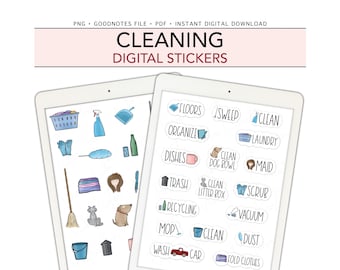 CLEANING Digital Stickers for GoodNotes, Chores & Housework Pre-cropped Digital Planner Stickers, Bonus Stickers