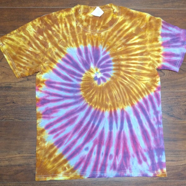 Youth Large yellow brown fuchsia lavender spiral tie-dye shirt