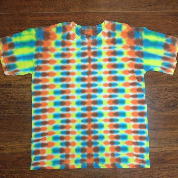 Youth Large yellow orange brownand blue checkerboard tie-dye shirt