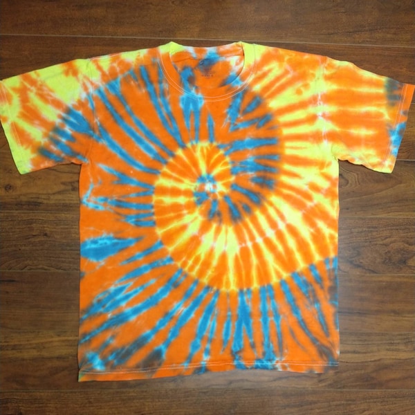 Youth Large yellow orange and blue spiral tie-dye shirt