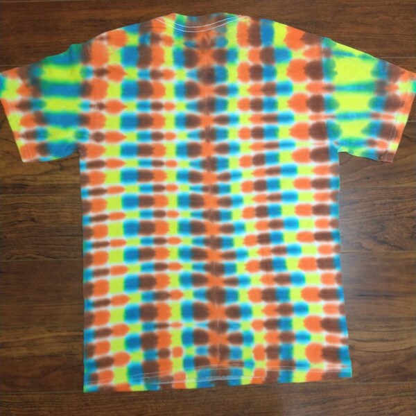 Youth Medium yellow orange blue and brown checkerboard tie-dye shirt