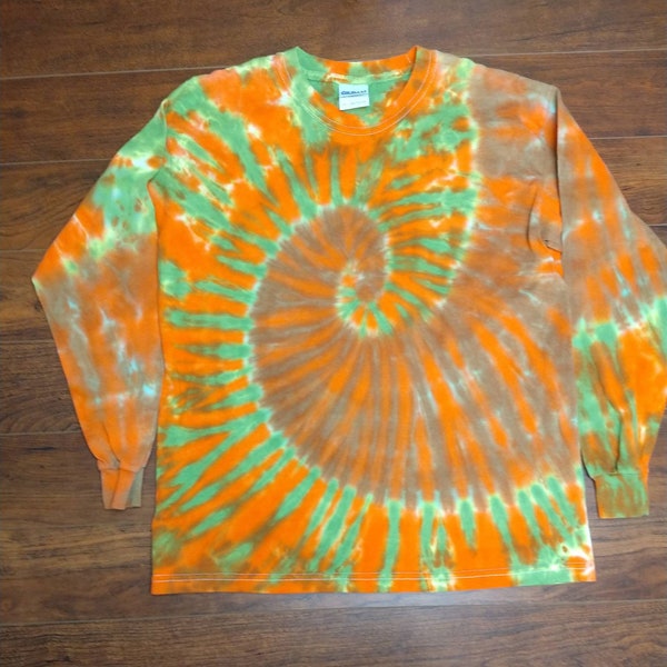 Youth Large brown orange and green spiral tie-dye long sleeve shirt