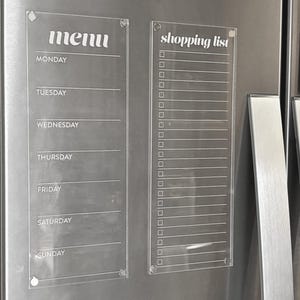 Weekly Menu Board and Shopping List | Minimalist Clear Acrylic Fridge Meal Planner | Fridge Organization | Dry Erase or Chalk Marker Menu