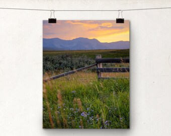 Mountain Sunset, Alberta Foothills, Rustic Fence, Colorful Photography