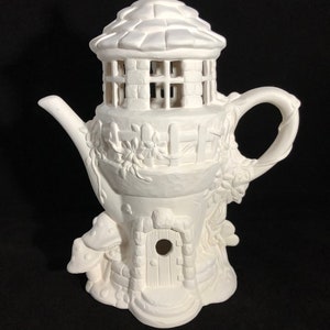 Ready to Paint Ceramic Bisque Teapot Fairy Cottage