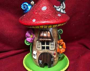 Ceramic Bisque Mushroom House Bird Feeder