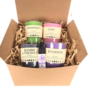 Soy Spell Candle Gift Box, Spell Candle Gift Set, Banish, Prosperity, Love, Intuition, Protection, Third Eye, Money, with Anointing Oil