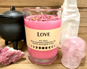 Love Spell Candle, Pink Spell Candle, Soy Spell Candle, 7 oz, Geranium Essential Oil, Rose Petals, Love Spells