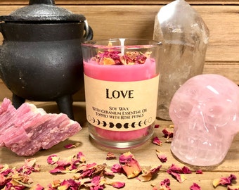 Love Spell Candle, Pink Spell Candle, Soy Spell Candle, Full Moon Pour, Geranium Essential Oil, Rose Petals, Love Spells