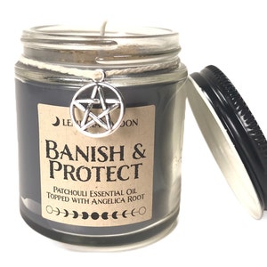 Protect & Banish Spell Candle, Black Protection Candle, Saturday Pour, Soy Candle, Patchouli Essential Oil, Angelica Root, Pentacle Charm