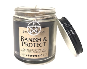 Protect & Banish Spell Candle, Black Protection Candle, Saturday Pour, Soy Candle, Patchouli Essential Oil, Angelica Root, Pentacle Charm