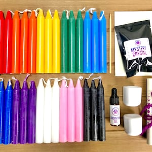 Big Candle Magic Set - 4&quot; Candles, Anointing Oil, Scribe, Candle Holder, Spells, Mystery Crystal, Wicca, Wiccan, Candle Magick
