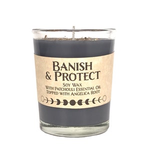Protect & Banish Spell Candle, Black Protection Candle, Saturday Pour, Votive Soy Candle, Patchouli Essential Oil, Angelica Root