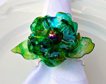 flower Recycled Art Green or Blue Set Red Table Decoration home decor Upcycled Plastic Bottle Napkin Ring Turquoise Orange Yellow