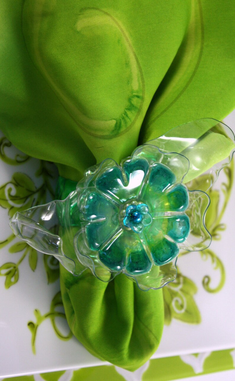 flower Recycled Art Green or Blue Set Red Table Decoration home decor Upcycled Plastic Bottle Napkin Ring Turquoise Orange Yellow