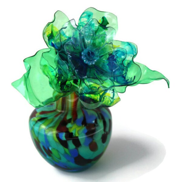 Teal Green Flower, Vase Gift, Aqua Blue, Lime Green, Royal Peacock Murano perfume bottle, Venetian glass, Home Decor Chihuly Recycled Art