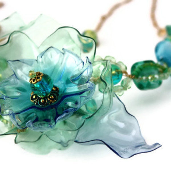 Sea Glass Necklace, Green Aqua Blue, Sea Beach, Bridal Statement, Beachglass, upcycled plastic bib,  Murano wedding jewelry, Flower Chihuly