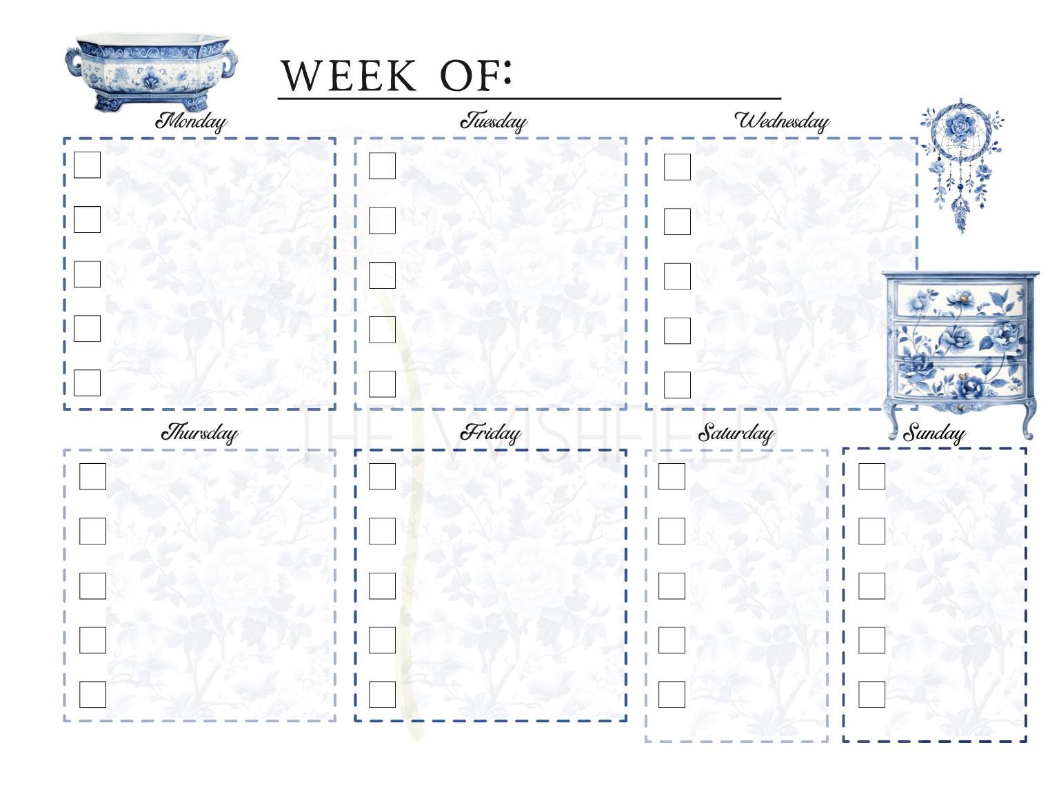 Vintage Weekly Planner - Printable Calendar - Blue and White Toile ...