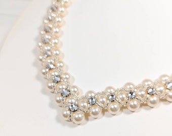 ReadyToShip-Pearl and Rhinestone Statement Necklace - bridal pearl and rhinestone choker - OLIVIA Necklace