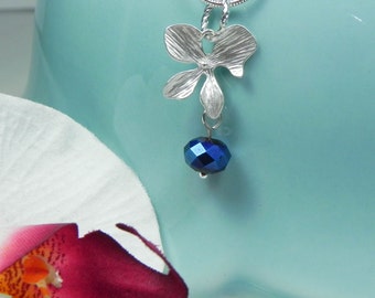 Silver and Cobalt Blue Orchid Necklace flower dangle pendant silver orchid ORCHID Bridesmaid Necklace