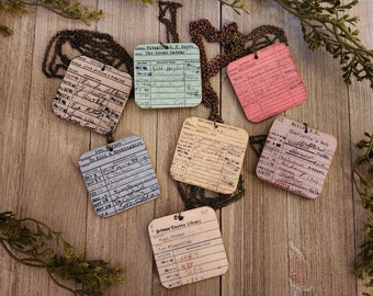 Library Bookworm Necklace | vintage library checkout cards, gift for book lover, reader, librarian, favorite teacher, poetry fan, writers