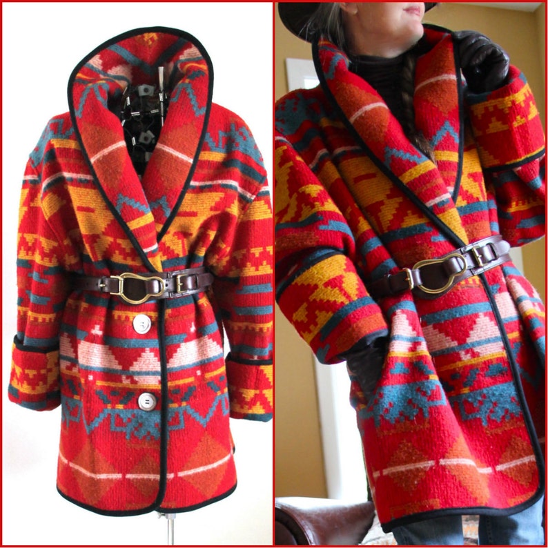 Indian Blanket Coat 80s Wool Blend Bright L Etsy