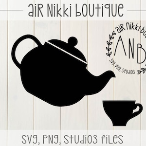 May include: Black silhouette of a teapot pouring tea into a teacup. The text "Air Nikki Boutique" and "AND" are in a circle with leaves around it. The text "SVG, PNG, Studio3 files" is at the bottom of the image.