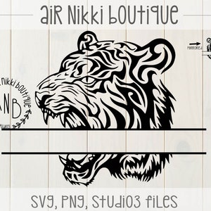 May include: Black and white silhouette of a tiger's head with a split design for a monogram. The text "air Nikki boutique" and "SVG, PNG, Studio3 files" are also included in the image.